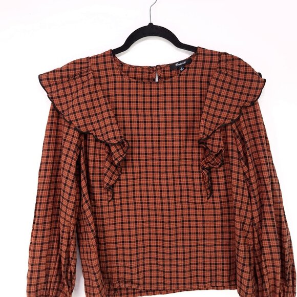 Madewell Ruffle-Front Top in Plaid Size Medium Warren Check Rust Long Sleeve - Picture 4 of 16